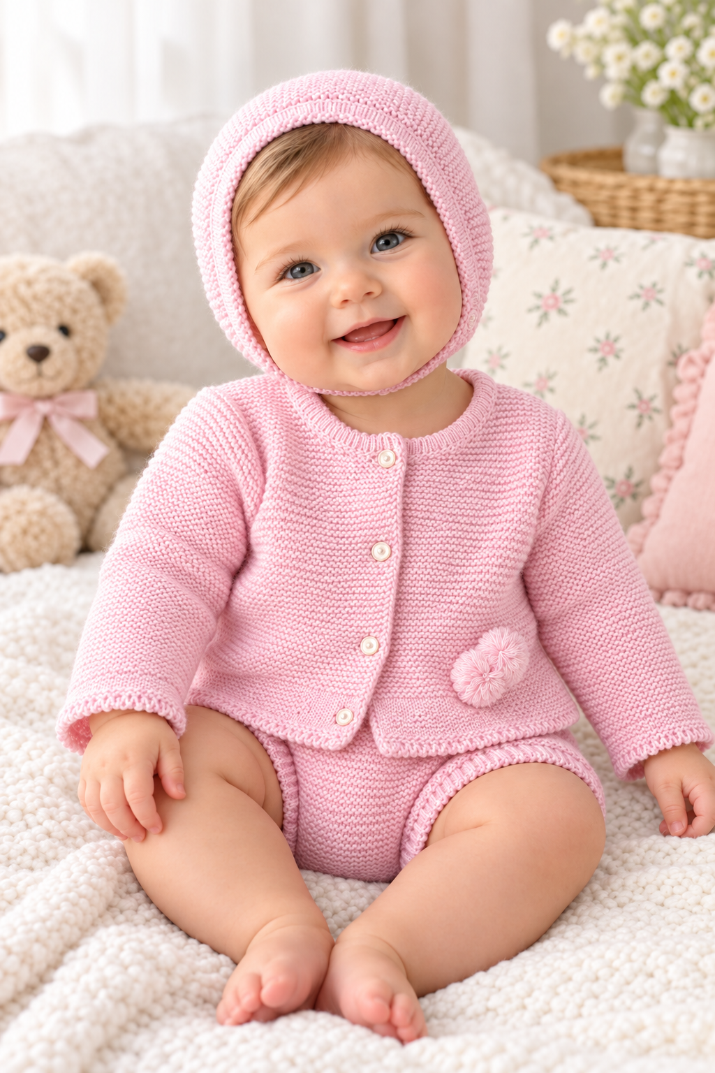 Baby girls knitted pompom cardigan set with bonnet