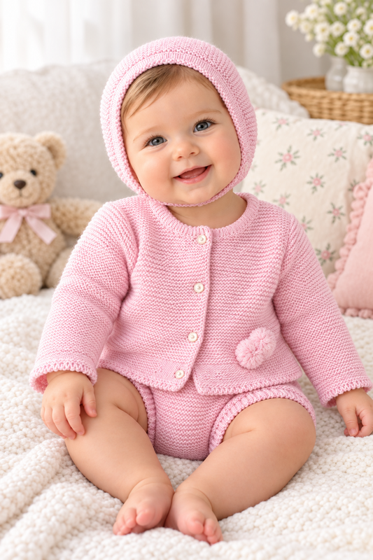 Baby girls knitted pompom cardigan set with bonnet