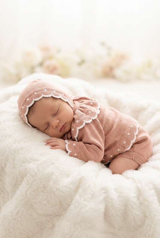 Baby girls dusky pink knitted set with bonnet
