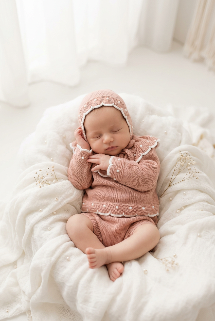 Baby girls dusky pink knitted set with bonnet