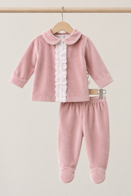 Baby girls velour two piece set with Broderie anglaise panel