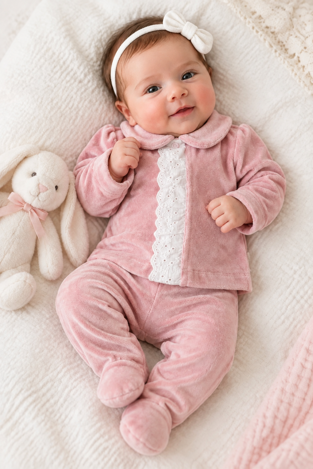 Baby girls velour two piece set with Broderie anglaise panel