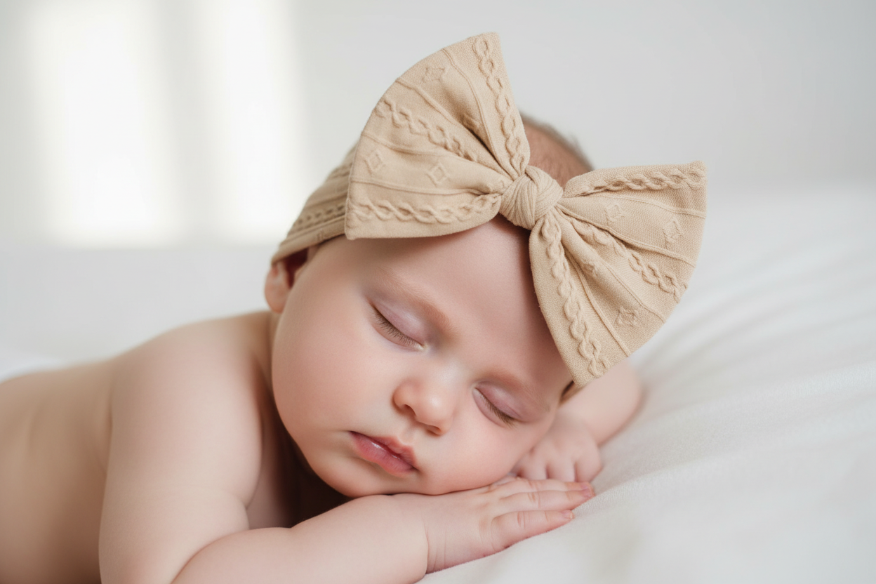 Beige cable headband with bow