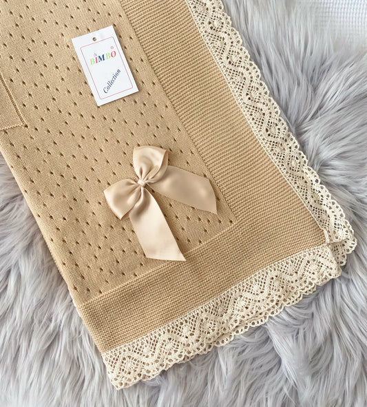 Crochet lace and ribbon shawl - Biscuit with cream trim