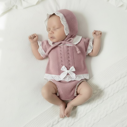 Baby girls Portuguese knitted set with bonnet - one size only