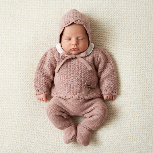 Baby girls Portuguese knitted set with bonnet - One size only