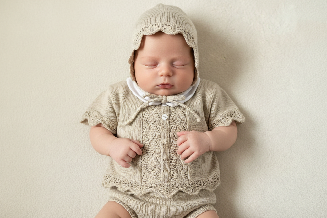 Baby girls Portuguese knitted set with bonnet - One size only