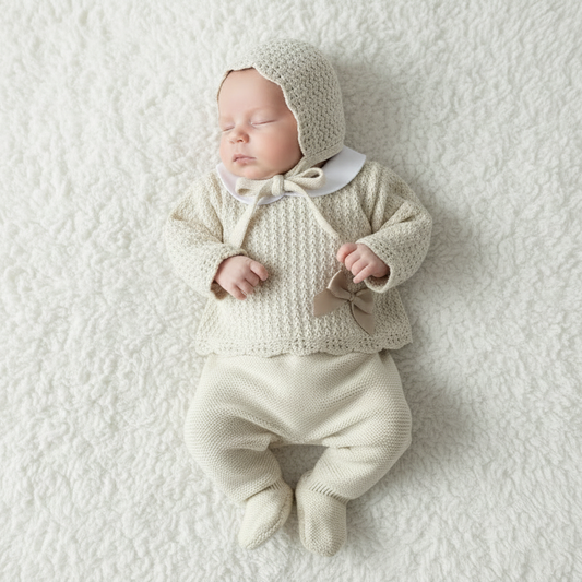 Baby girls Portuguese knitted set with bonnet - One size only