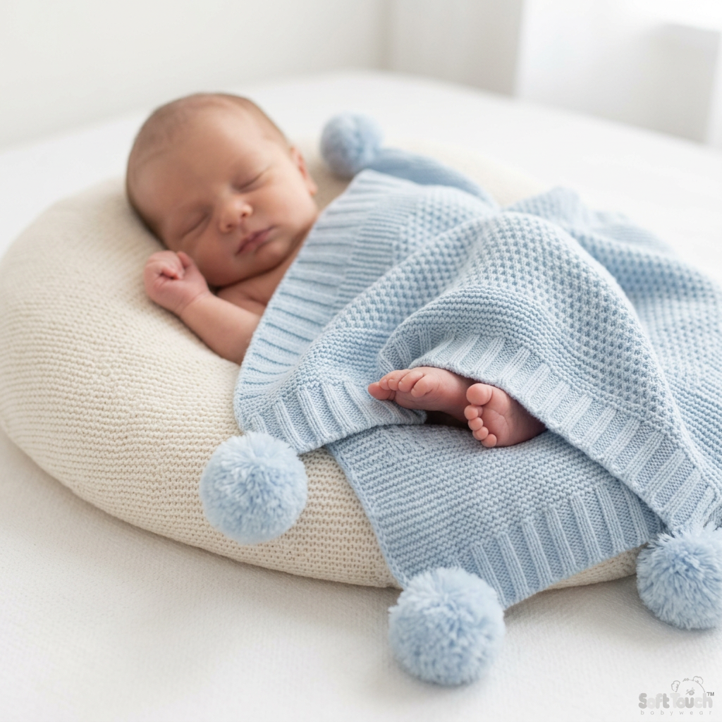 Blue Elegance Ribbed Wrap with Pom Poms