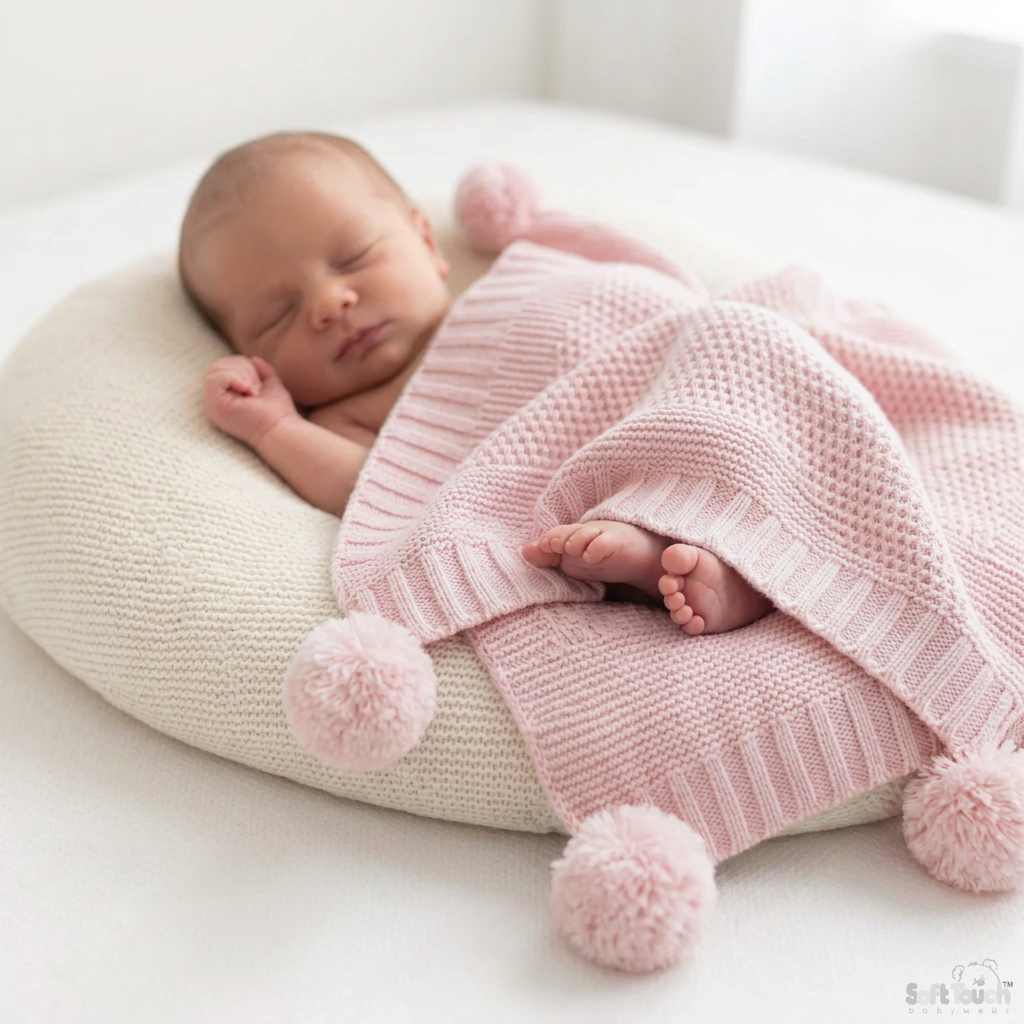 Pink Elegance Ribbed Wrap with Pom Poms
