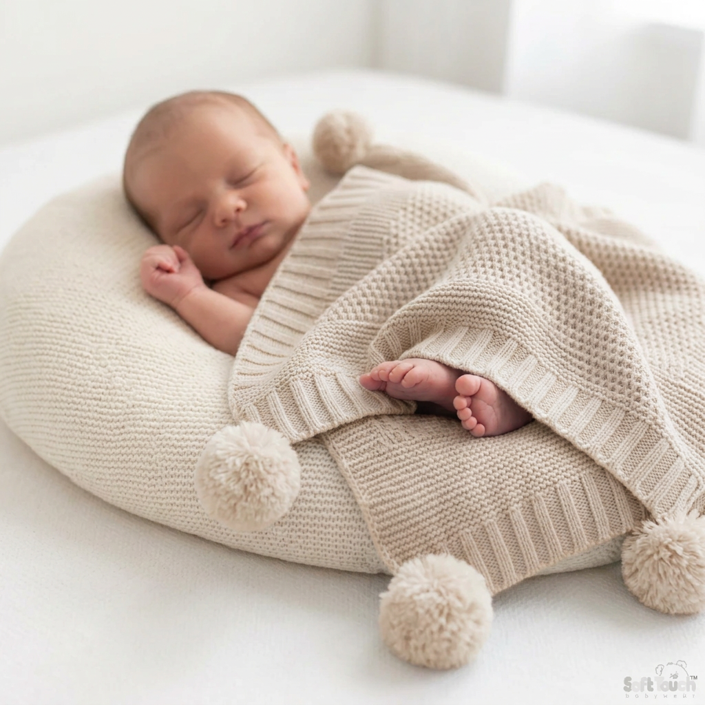 Biscuit Elegance Ribbed Wrap with Pom Poms