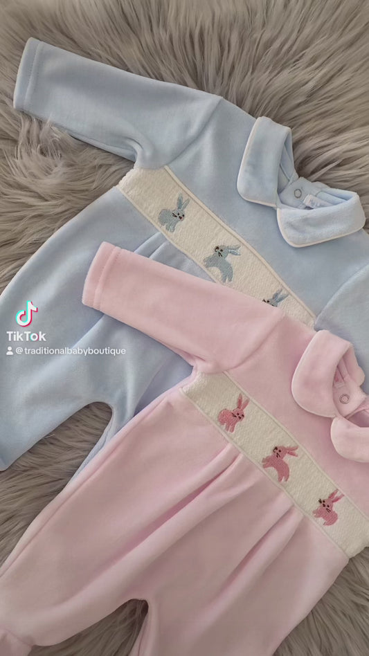 Baby girls Smocked “Bunny” velour all in one