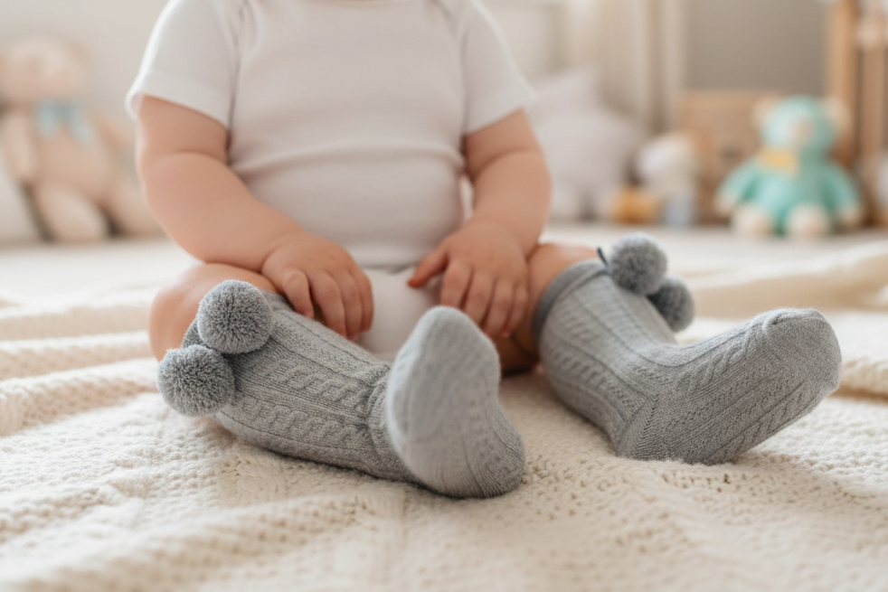 Baby boys Grey knee high pom socks