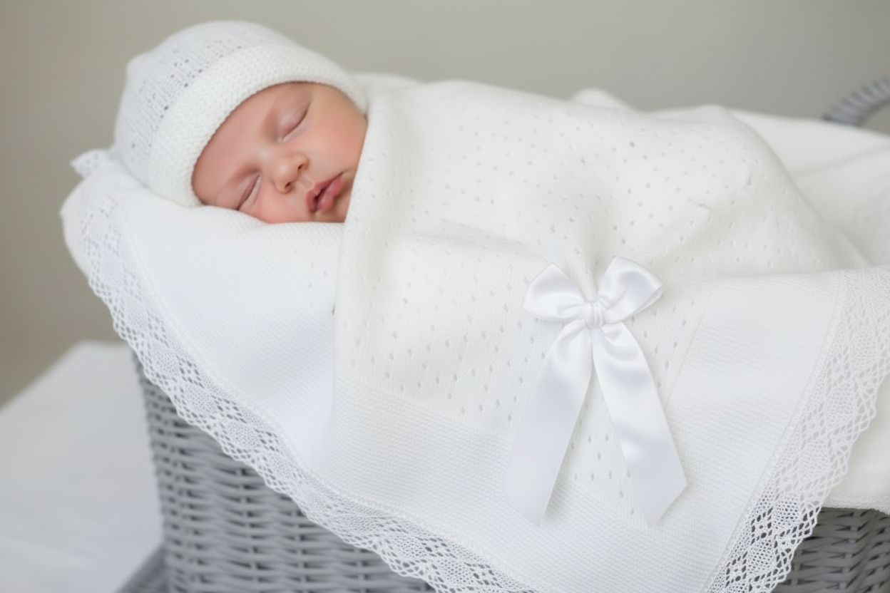 Crochet lace and ribbon shawl - White